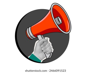 Hand holding a loudspeaker in a round frame - element for modern collage. Vector illustration isolated on white background