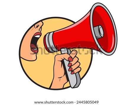 Hand holding a loudspeaker in a round frame. Woman scream in a megaphone. Vector illustration isolated on white background