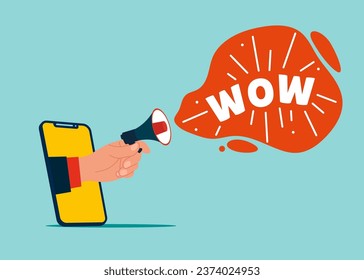 Hand holding a loudspeaker and shouting wow message into loudspeaker. Attracting attention. Vector illustration in flat style