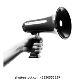 The hand is holding a loudspeaker. Trendy grunge style. Isolated collage element for social media, poster design and more. Vector design.