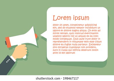 Hand holding loudspeaker. Vector Illustration.