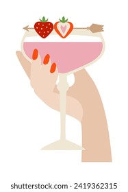 Hand holding a love cocktail. Drink with heart strawberries. Love drink. Valentine's Day. Heart. Lovers. Drink with fruit. Holiday valentine's day, wedding, marriage, celebrate. Vector art illustratio