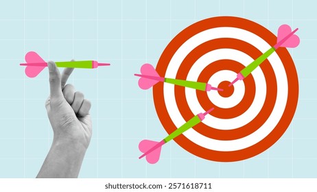 Hand holding love darts, cupid's arrow and target. Valentine's day love proposal concept. Flat pop art vector illustration.