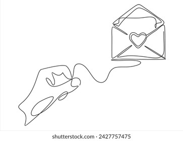hand holding love letter. Valentines day envelope with heart.Continuous one line.	
