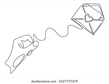 hand holding love letter. Valentines day envelope with heart.Continuous one line.	
