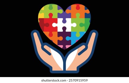 Hand holding love puzzle icon,Hand holding colorful puzzle vector illustration in black colour background.