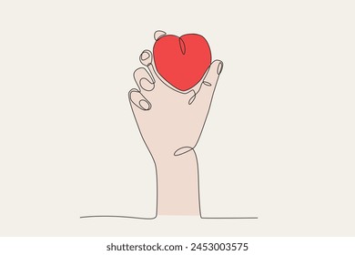 Hand holding a love symbol. Colored. Love concept one-line drawing