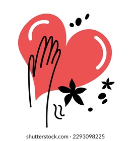 Hand holding heart. Absolute love, charity, kindness symbol concept. Hand-drawn doodle simple vector illustration. Drawing isolated on white background.