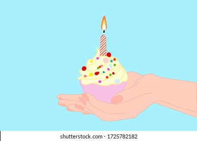 hand holding lovely cup cake with candle and flame. Birthday cake in the party which people can make a wish. holiday celebration concept. surprise and joyful with sweet whipped cream baked. 