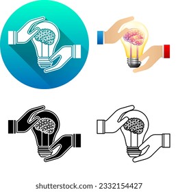 Hand to Hand Holding Low Poly Triangulated Brain Light Bulb Idea Finance Icon, Set of Flat Long Shadow, Black-White Silhouette, Line Art Logo Icon Symbol Isolated on White Background