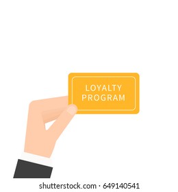 Hand holding loyalty program card. Vector illustration isolated on white background