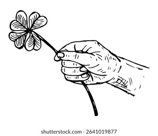 Hand holding a lucky four-leaf clover, representing fortune, hope, and wishes.