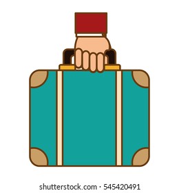hand holding a luggage over white background. hotel service concept. colorful design. vector illustration