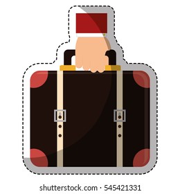 hand holding a luggage over white background. hotel service concept. colorful design. vector illustration