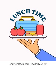 Hand holding a lunch tray with apples, sandwich, drink, and lunchbox. Perfect for school lunch, cafeteria, food, kids, and healthy meal concept cute cartoon illustration vector hand drawn style