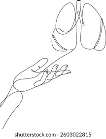 Hand holding lungs continuous one line drawing. Single line organ donation day concept. Vector illustration.
