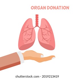 A hand holding lungs, organ donation concept. Giving lungs save life, pink tone color, vector cartoon organ concept