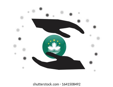 Hand holding Macau flag in cycle symbol, Protect macau people form coronavirus  or COVID-19 concept, Save macao, sign symbol background, vactor illustration.