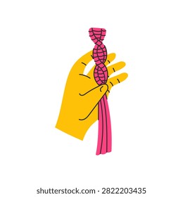 Hand Holding Macrame Spiral with Dangles. Finished handicraft product piece adorned with hanging tassel. For handmade branding, needlecraft workshop. Vector illustration