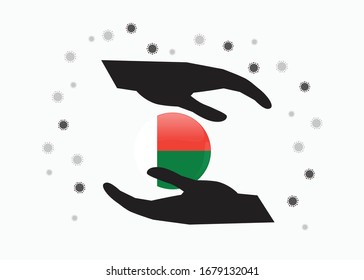 Hand holding Madagascar flag in cycle symbol, Protect  malagasy people from coronavirus or COVID-19 concept, Save Madagascar, sign symbol background, vector illustration. 