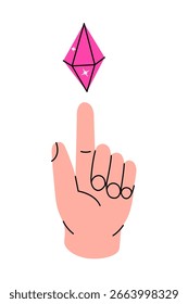 Mano sosteniendo un cristal mágico. Cristal místico, esotérico, mágico o curativo. Ilustración vectorial.