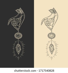 hand holding a magic crystal, retro engraving style. magic session, astrology. vector trend