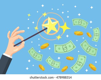 Hand holding magic wand and money. Vector flat cartoon illustration