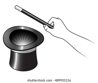 A hand holding a magic wand over a black top hat.

