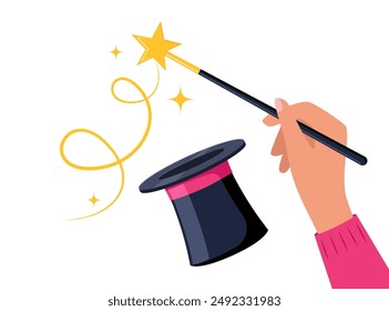 Hand holding magic wand. Sparks of stars over a magical black hat. Magician performs tricks, focus and illusions. Show entertainment. Vector illustration