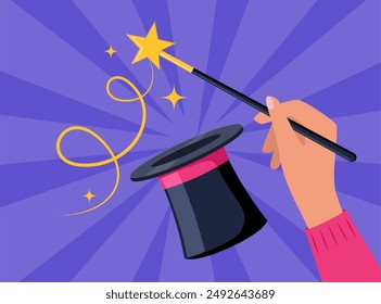 Hand holding magic wand. Sparks of stars over a magical black hat. Magician performs tricks, focus and illusions. Show entertainment. Vector illustration