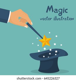 Hand holding magic wand. Sparks of stars over a magical black hat. Magician performs tricks, focus and illusions. Show entertainment. Vector illustration flat design. Isolated on white background.