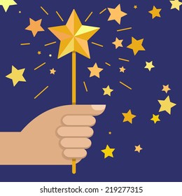 hand holding magic wand with star, vector illustration.