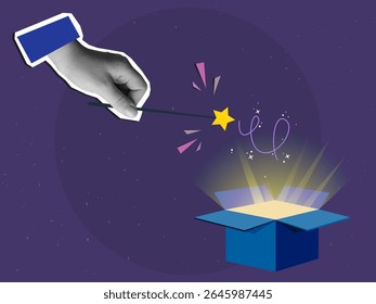 A hand holding a magic wand with star above opened box. Modern collage style. Vector illustration