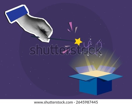 A hand holding a magic wand with star above opened box. Modern collage style. Vector illustration