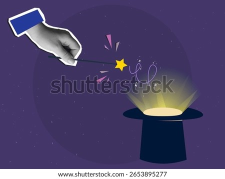 A hand holding a magic wand with star above cylinder with a glow. Modern collage style. Vector illustration