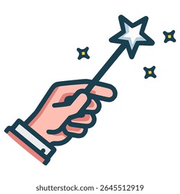 hand holding magic wand wizard flat color vector illustration template design