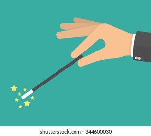 Hand holding magic wand with yellow stars. Flat style