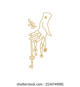 Hand holding magical amulets and key Outline illustration