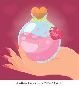 Hand holding a magical love potion elixir Vector