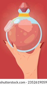 Hand holding a magical read mind potion elixir Vector