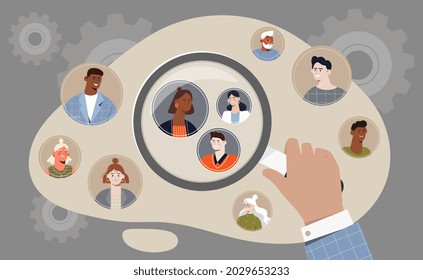 Hand holding magifier to find target audience among other people on grey background. Concept of target audience segmentation as customer group selection. Flat cartoon vector illustration