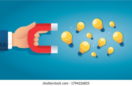 hand holding magnet attracting light bulb creative concept. vector illustration