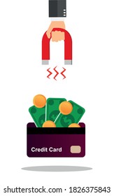 Hand holding magnet. The attraction is money. Business man. Flat style. Earn money
