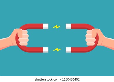 Hand holding magnet with electricity spark. Vector illustration