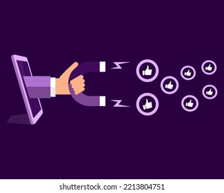 Hand holding magnet and engaging followers and likes. customer retention strategy. Marketing strategy. vector illustration. svg