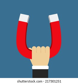 Hand holding magnet, flat design, vector eps10 illustration