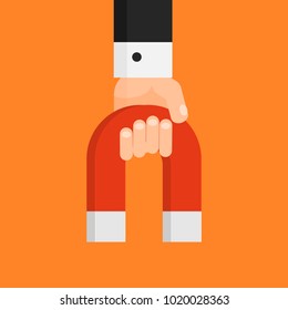 Hand holding magnet. Gravity. Attraction. Business concept. Bussinessman. Vector illustration isolated on background