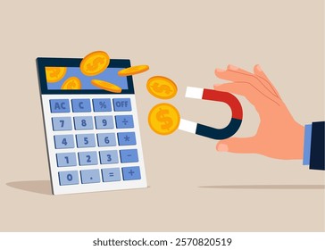 Hand holding magnet horseshoe sucks money out of a calculator. Path to a millionaire. Financial accounting concept. Modern vector illustration in flat style