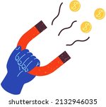 Hand holding magnet with lightning magnetize golden coins. Device attracting iron or steel objects. Magnetisation of money, finance, gold. Magnet with magnetic field in human hand vector illustration