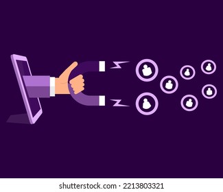hand holding magnet and tries to appeal clients, customers. Customer retention concept. vector illustration. svg